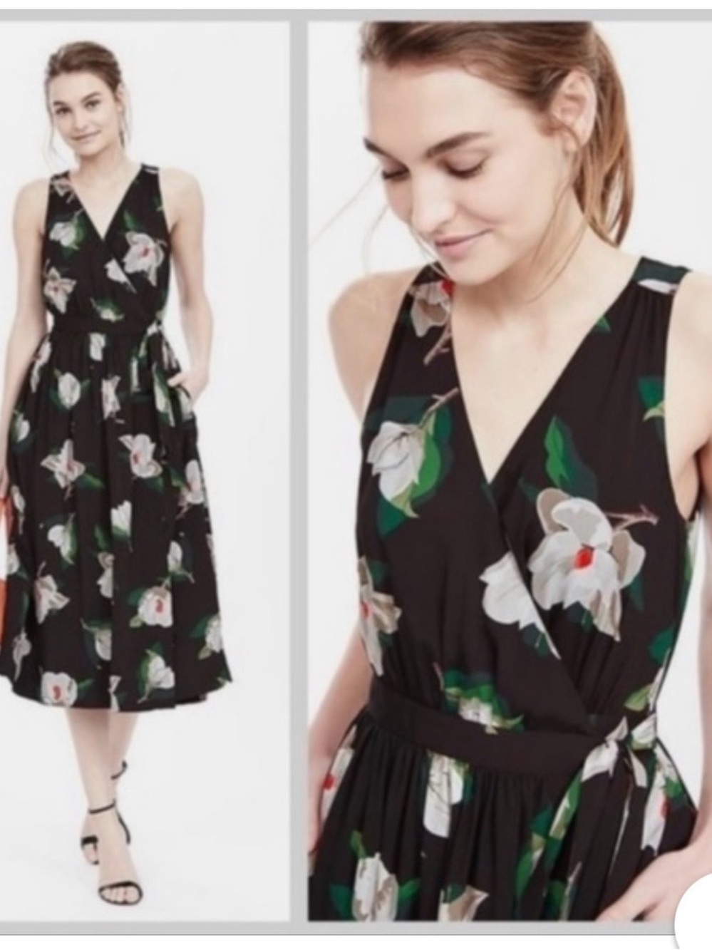 Banana Republic Black Floral Wrap Dress with Green Leaves